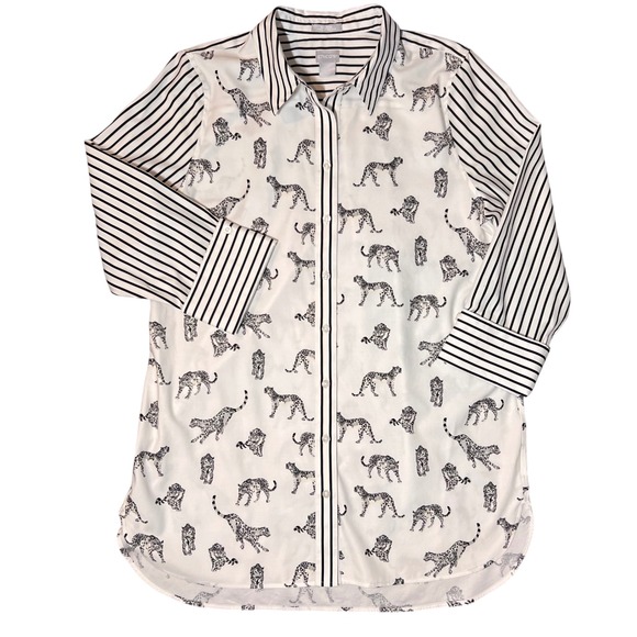 Chicos Chic‎ Stretch No Iron Cheetah Print Button Down Tunic Size 2/Large/12 - Picture 2 of 15